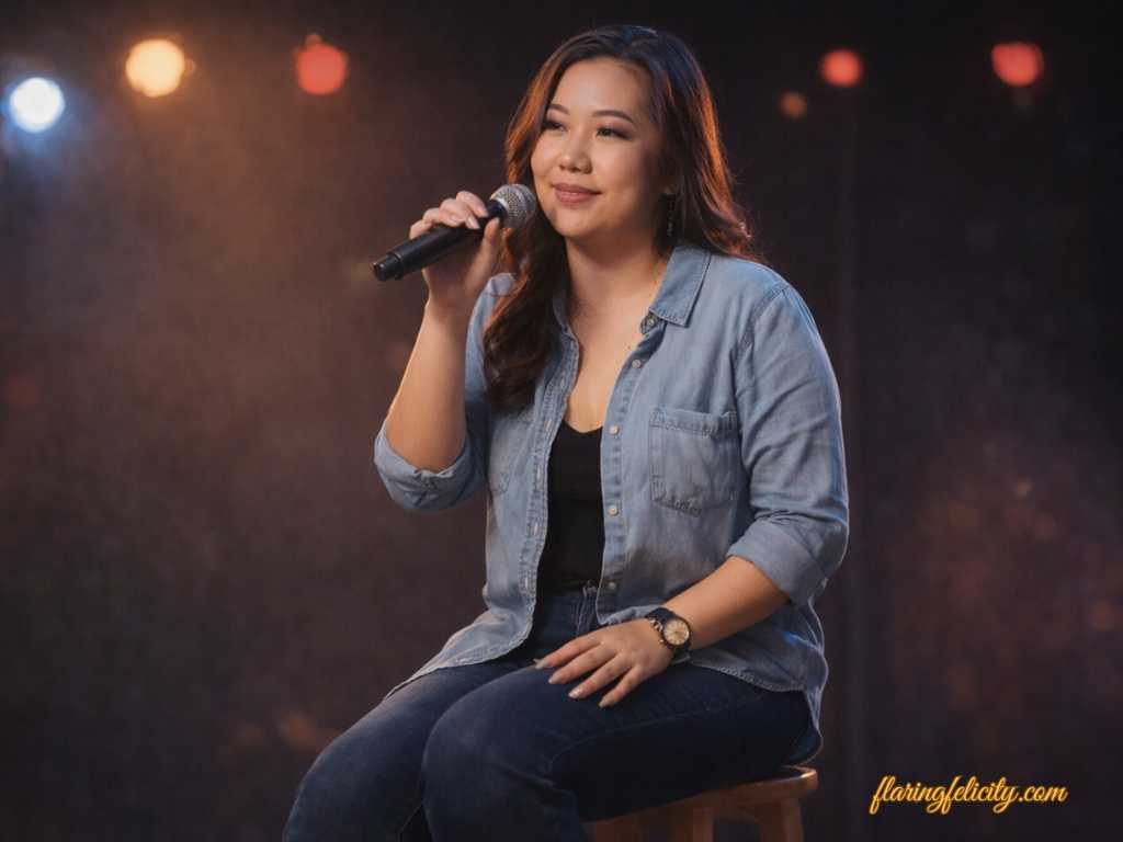Woman seated on a barstool singing into a microphone during an intimate acoustic performance of the original song “Speechless” by Jonah Chipeco.