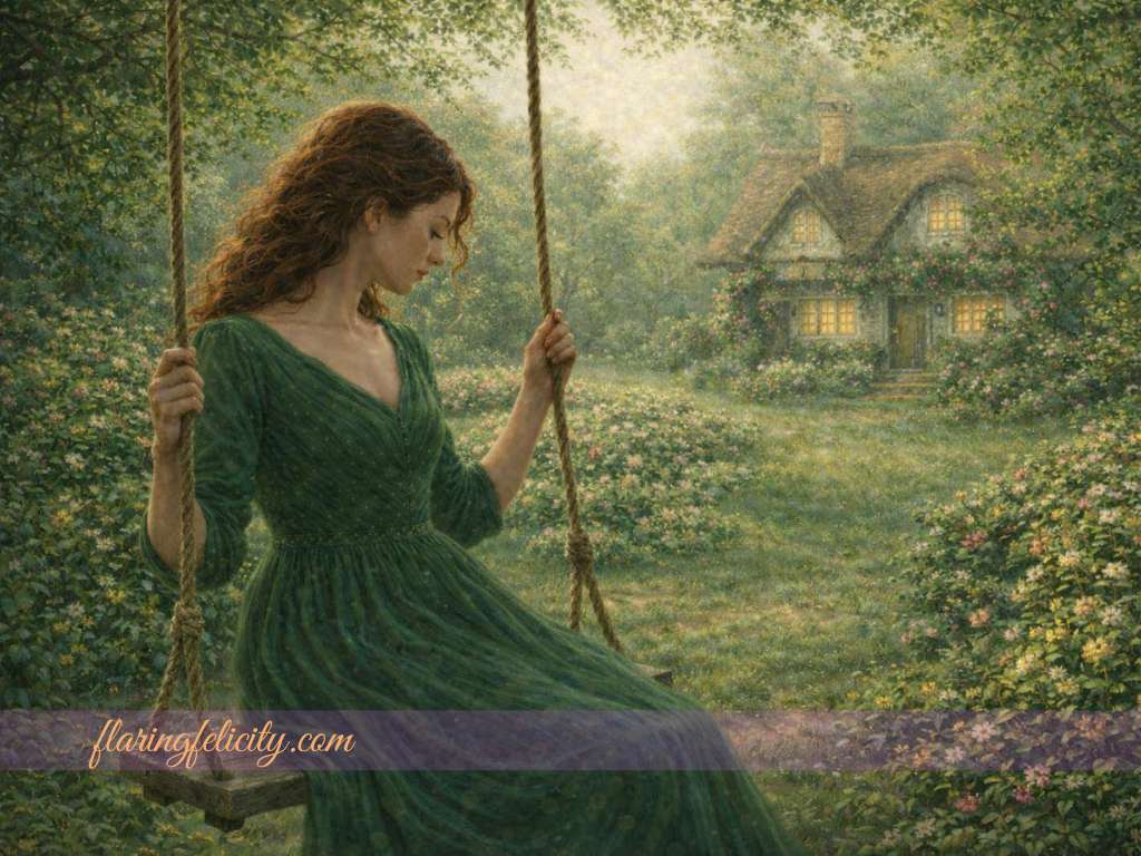 A woman in a flowing green dress sits quietly on a wooden swing in a sunlit garden, her head slightly bowed as she faces a small cottage in the distance, surrounded by flowers, trees, and soft morning light.