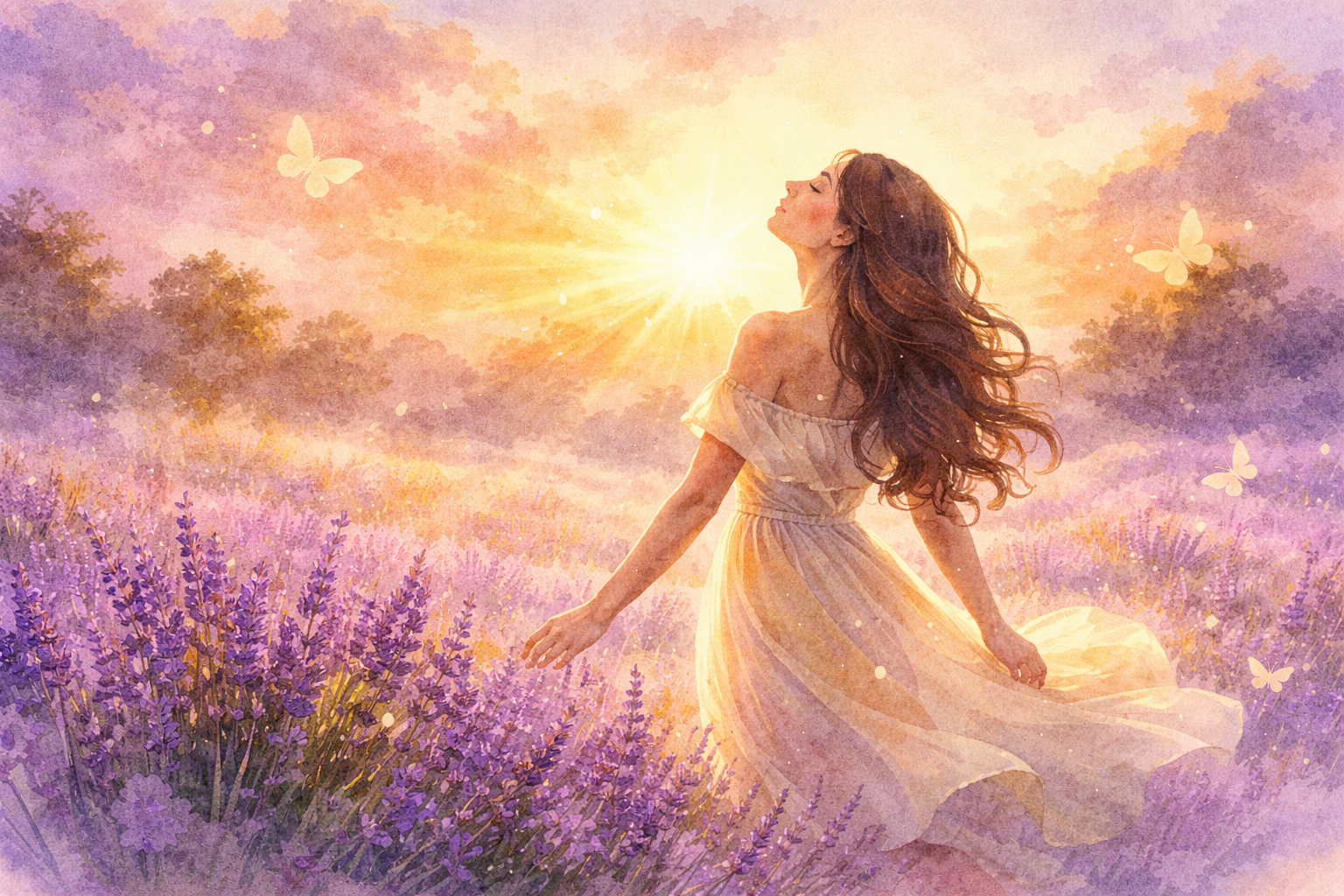 Watercolor illustration of a woman awakening in a lavender field at sunrise, symbolising emotional renewal, self-trust, and inner awakening