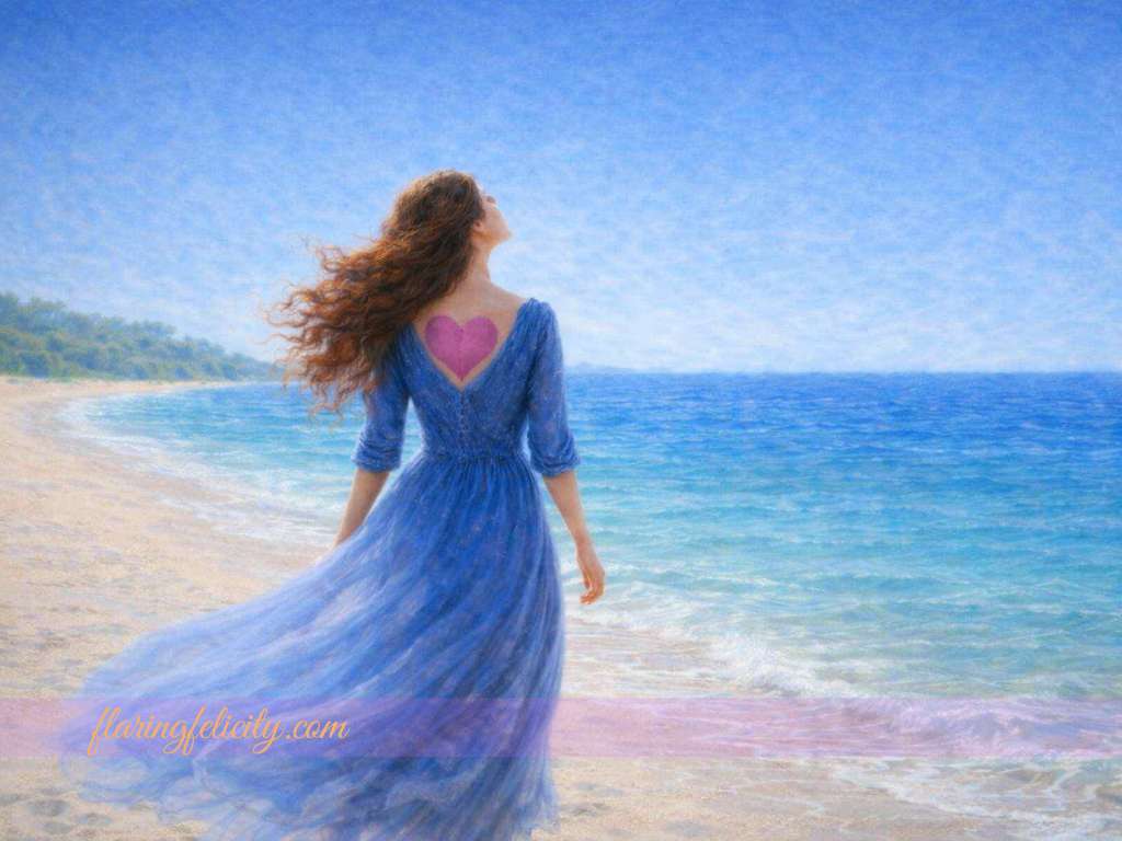 A woman in a light blue dress walks along a bright beach, her hair lifted by the wind as the ocean stretches into the distance and a heart-shaped mark is visible on her back.