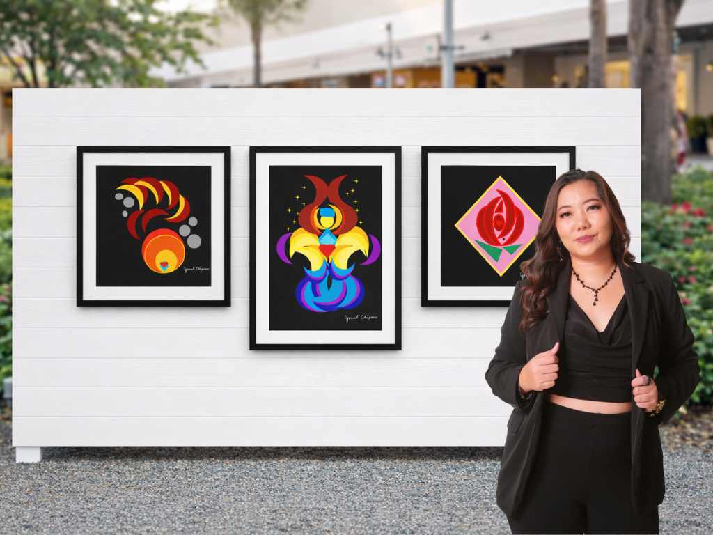 Abstract geometric artwork featuring layered red, yellow, blue, and purple forms forming a symmetrical figure against a black background, framed in black with white matting, from the Becoming collection by Jonah Chipeco.