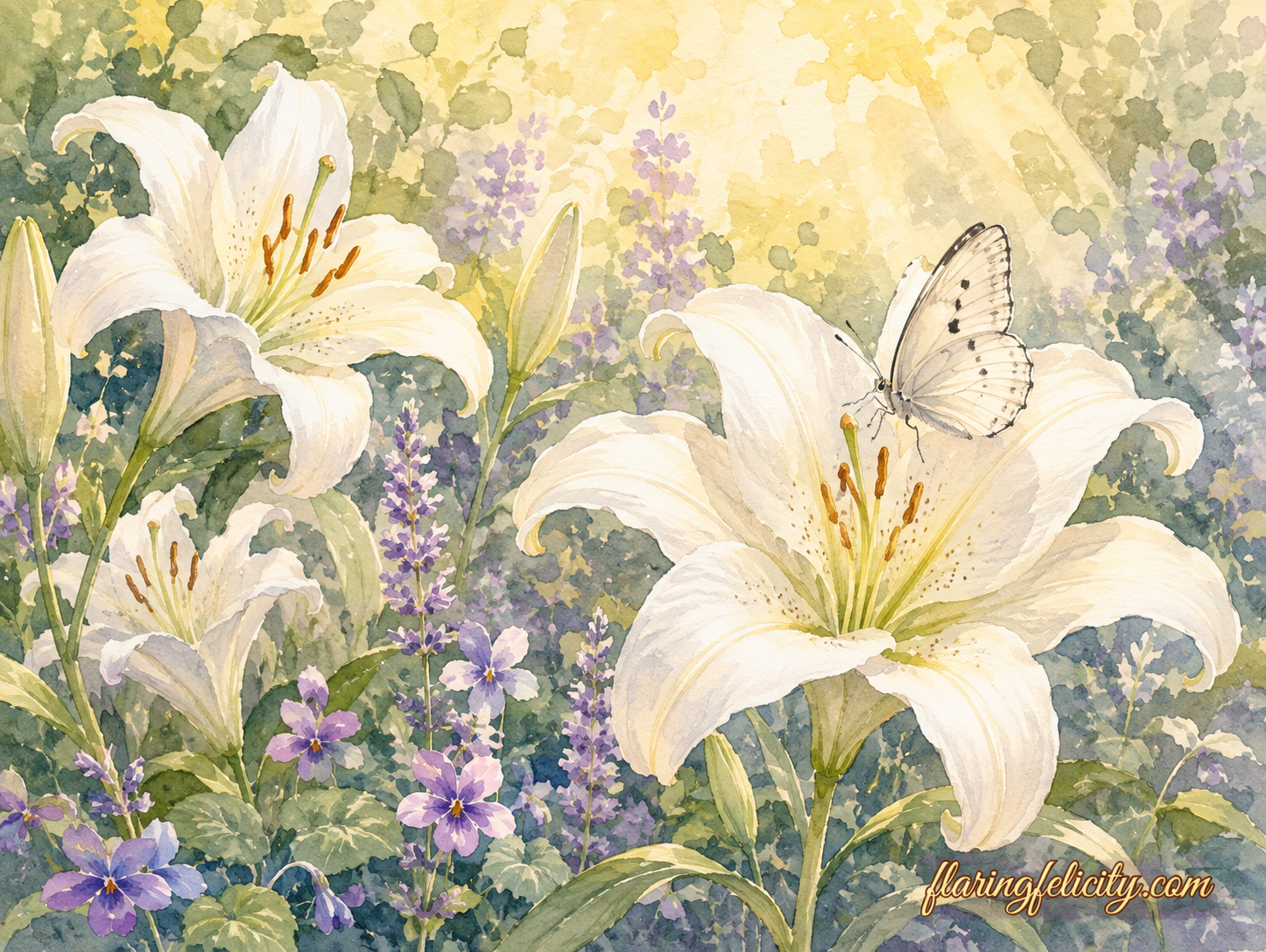 Watercolor of a white butterfly resting on blooming lilies, symbolizing mindfulness, recovery and healing, and living in the present moment.